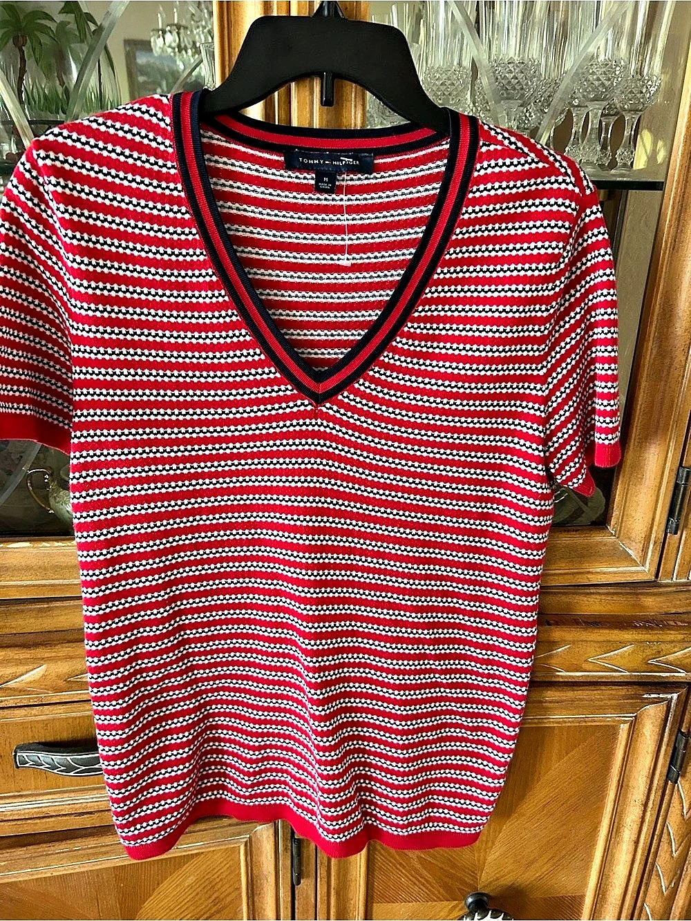 Tommy Hilfiger Striped Short-Sleeve V-Neck Sweater Top Red & Black Medium